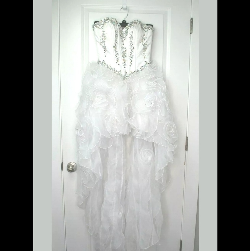 White Rhinestone Tulle Hi Lo Prom Wedding Formal
